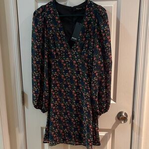 NWT Nasty Gal Floral Mini Dress Cottagecore Dark Floral Sheer Sleeves